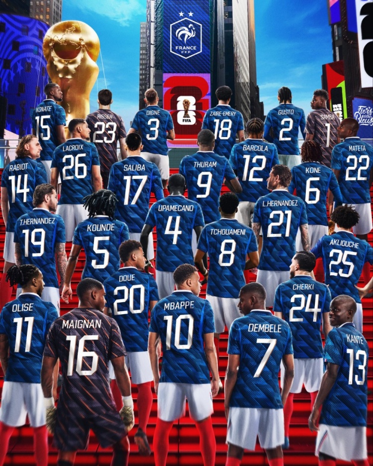 法国队26人号码确定:姆巴佩10号,登贝莱7号,奥利塞11号